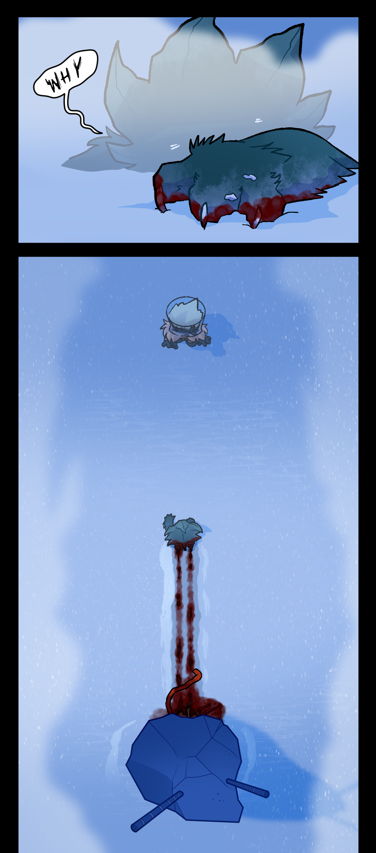 Minty, on the ground, claws his way towards Brandy. His arm is covered in his own blood. He asks, Why? In a longer shot, Minty can be seen crawling through the snow and leaving behind a trail of blood. His scarf, legs, and tail are still under the concrete slab, having been crushed and severed completely. 