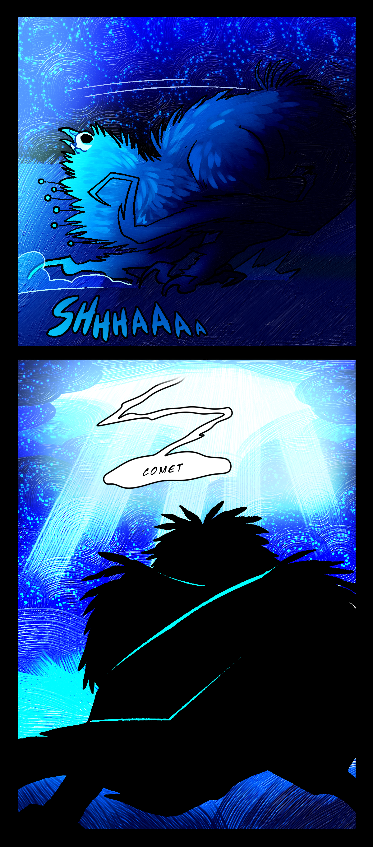 It skids backwards in the grass on its two feet. Text describes the sound of its claws scraping the ground. The sky above parts, shining with an even brighter light. A speech bubble descends, calling Comet's name as the Nightcrawler stares upwards.
