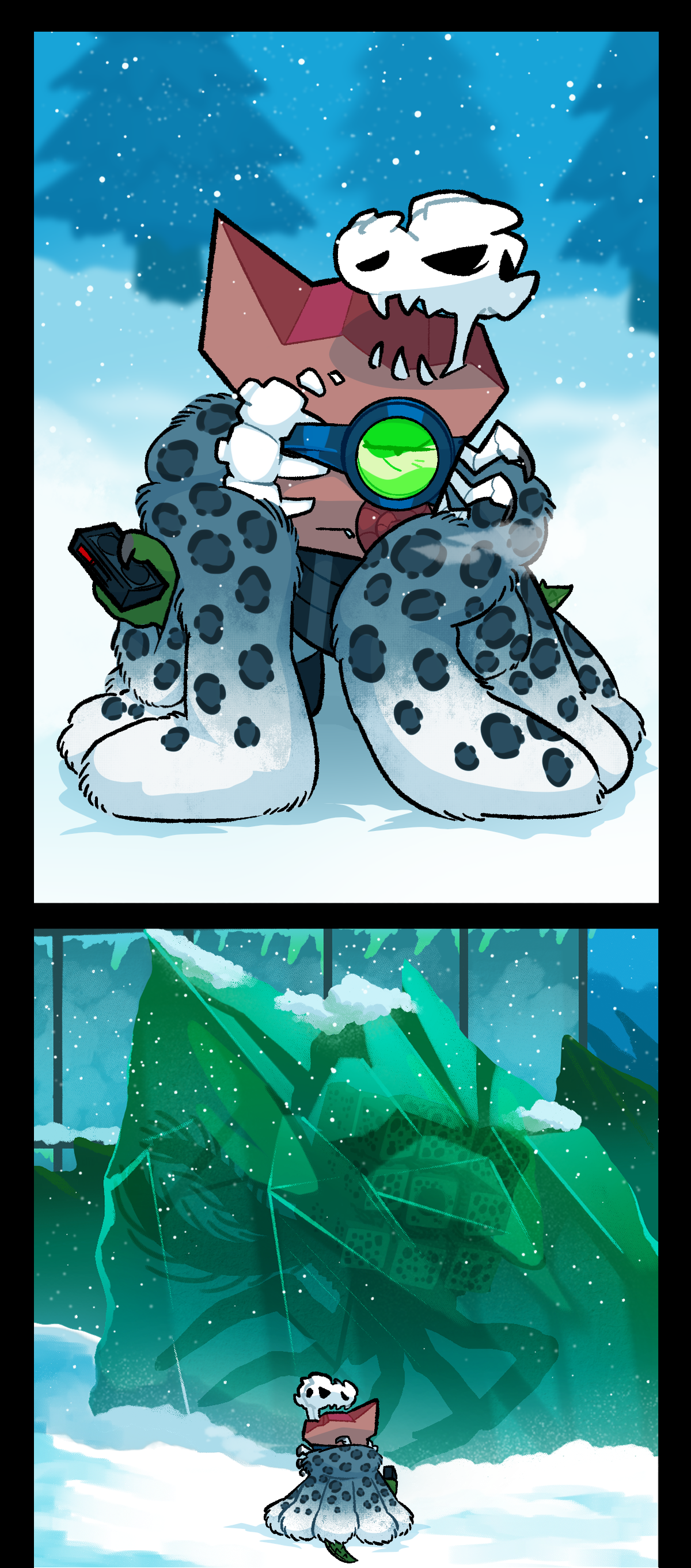 There is a sudden cut to Fossil out in the snow, wearing the fur coat she was gifted and holding a tape recorder in one hand. She glares at something in front of her, which is revealed in the next panel to be the massive assimilated object that was frozen into a chunk of ice outside the lab. With the scene turned away from Painkiller and Carrot, the color palette goes back to normal.