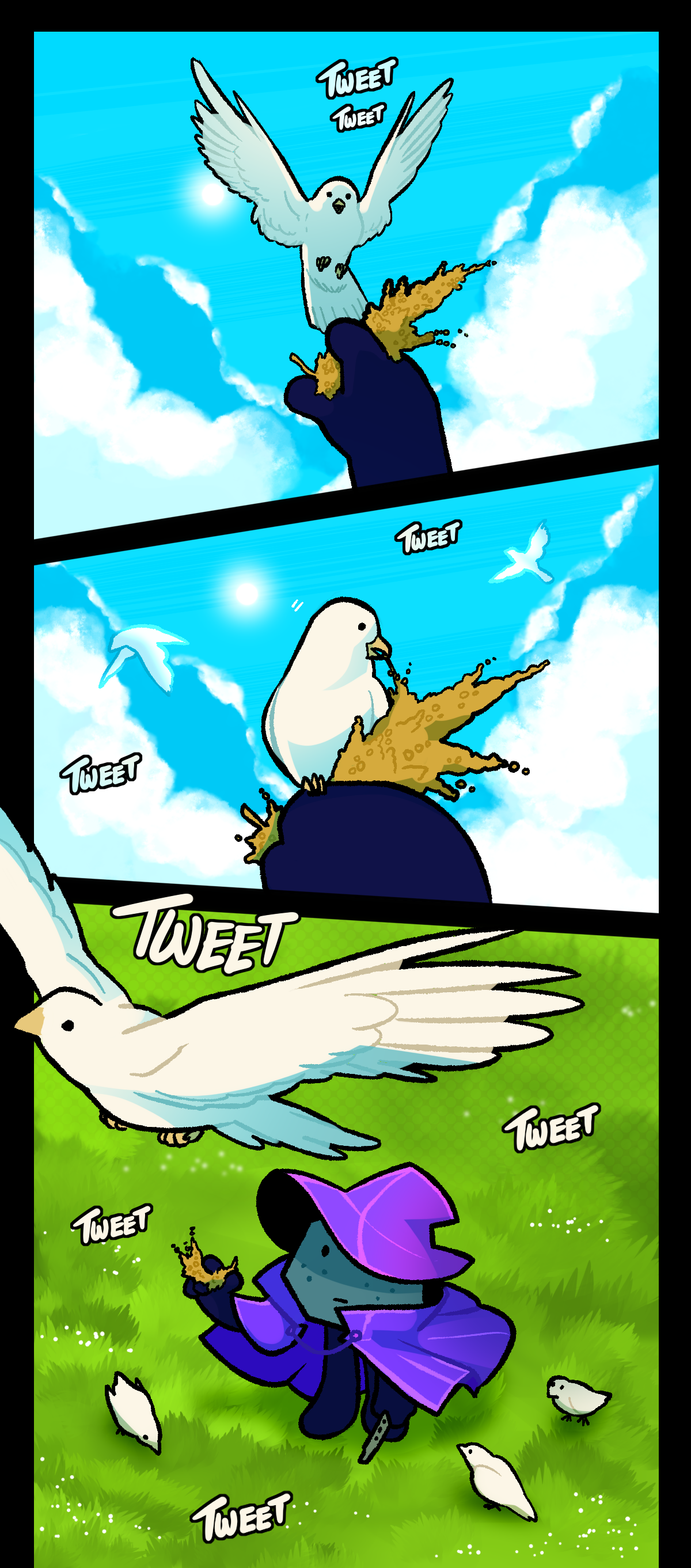 A songbird tweets as it lands on Comet's hand, which is holding a bushel of seed. It pecks away at the seed as other birds fly through the sky in the background, the weather bright and sunny. Then, it flies off, showing Comet staring after it with a blank expression. She holds her flute in her other hand, resting by her side, and she's surrounded by other songbirds tweeting and pecking at the ground.