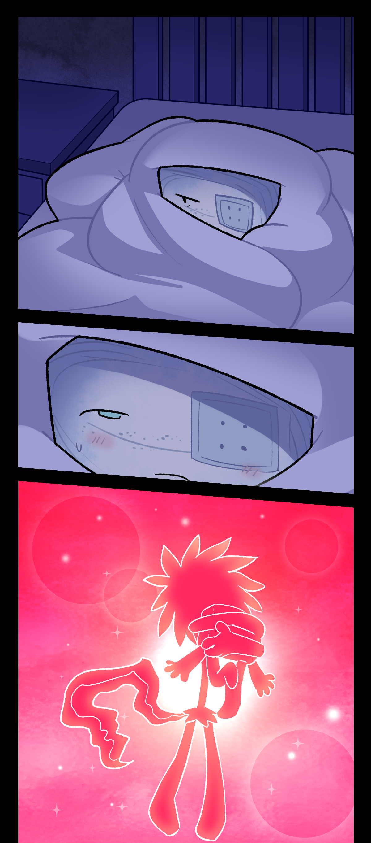 Hokkaido sits on the bed wrapped in a blanket. He gets flustered, misremembering how it looked when Sunny hugged him as if he were romanticizing it.