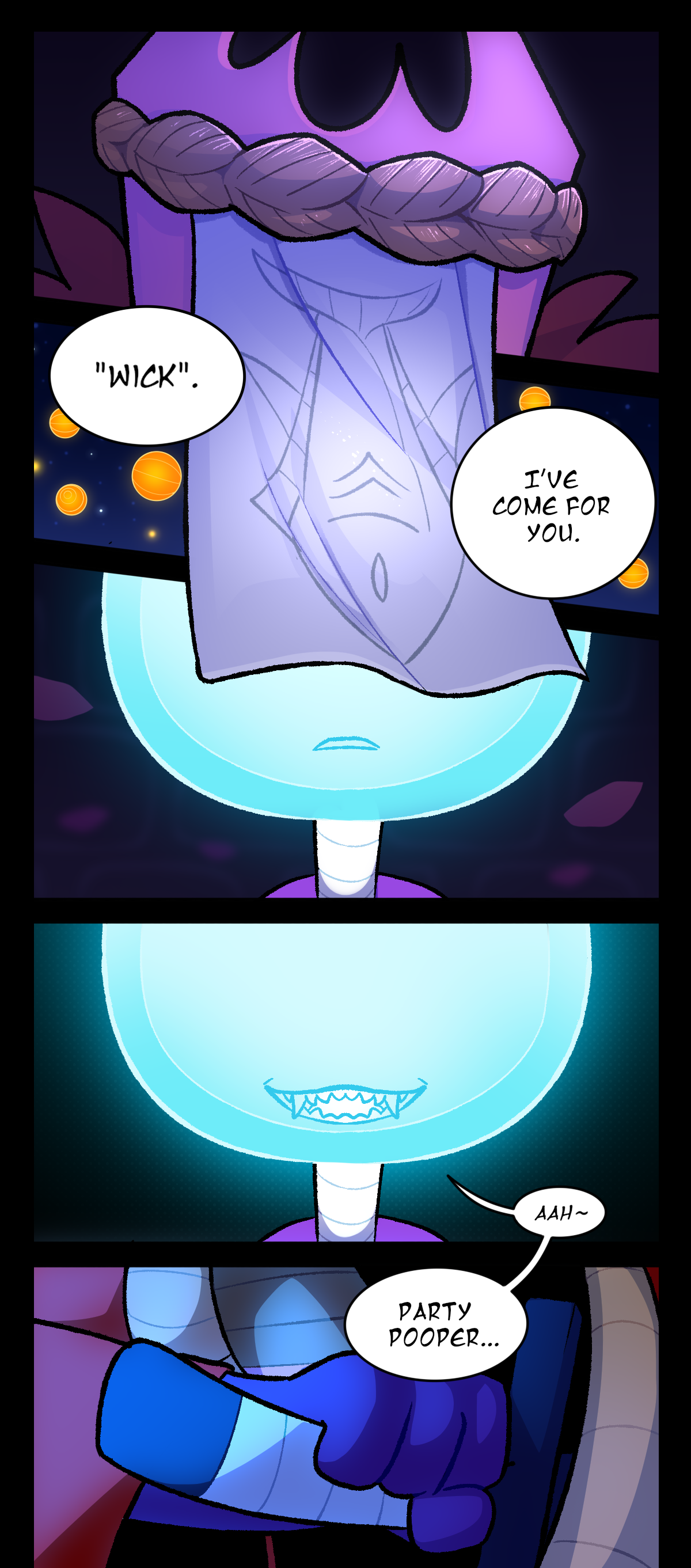 Gum says, Wick. I've come for you. Spherical paper lanterns begin to fill the sky. Wick continues to stare with her mouth slightly agape before it transforms into a snarky grin. Her fangs poke out as she says, Ah, Party pooper. Gum wraps her hand around the hilt of her sword.