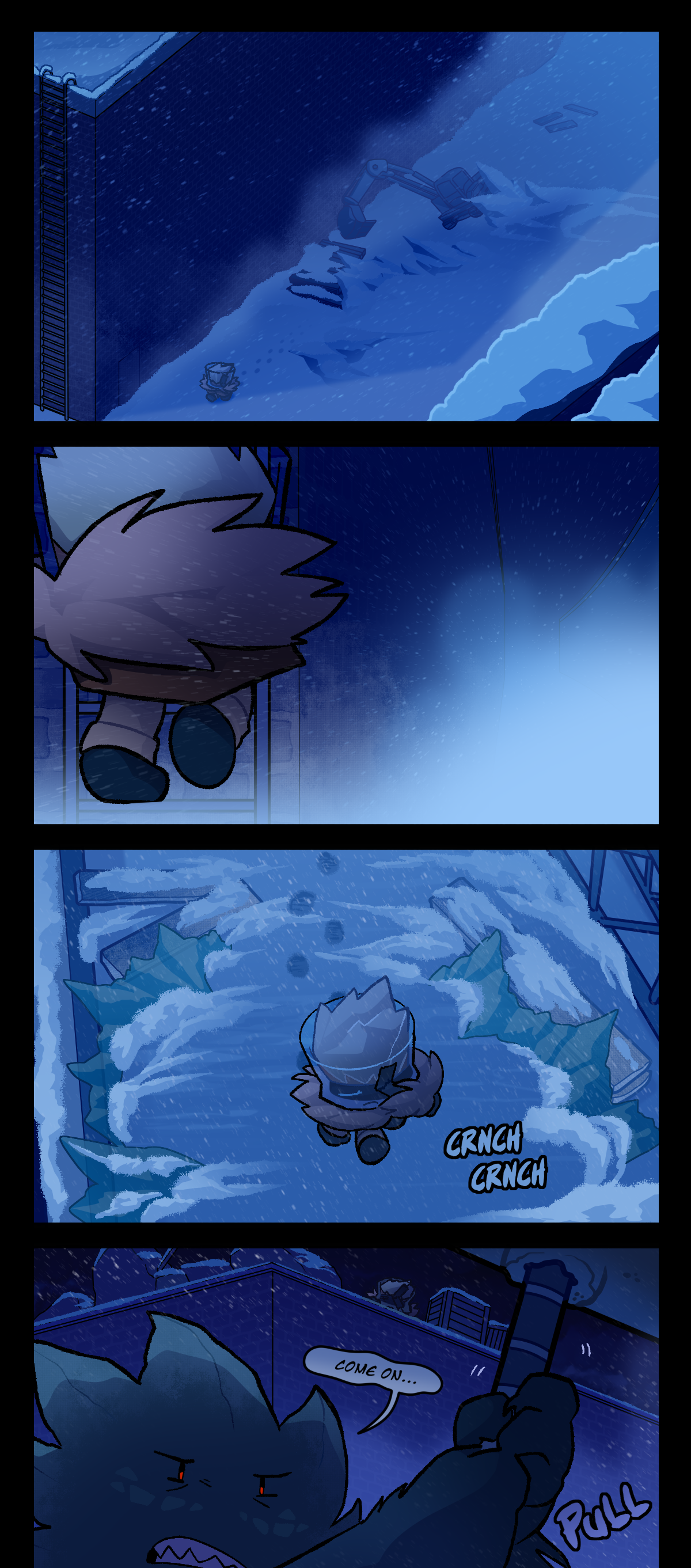 At the other end of the alleyway is a ladder. Brandy climbs the ladder and walks on the rooftop back towards Minty. Text says crunch crunch to describe the sound of his footsteps in the snow. Minty pulls at the pipe stuck in the concrete, saying, Come on. Text says pull.