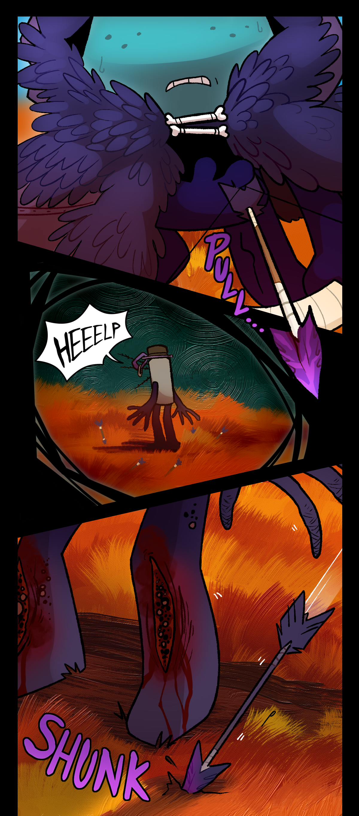 Comet draws their bow. Text says pull. An assimilated object surrounded by arrows lodged in the ground is yelling for help. Thick oil paint strokes spiral in the background. Comet fires the arrow and it lands next to the assimilated object's foot. Text says shunk.