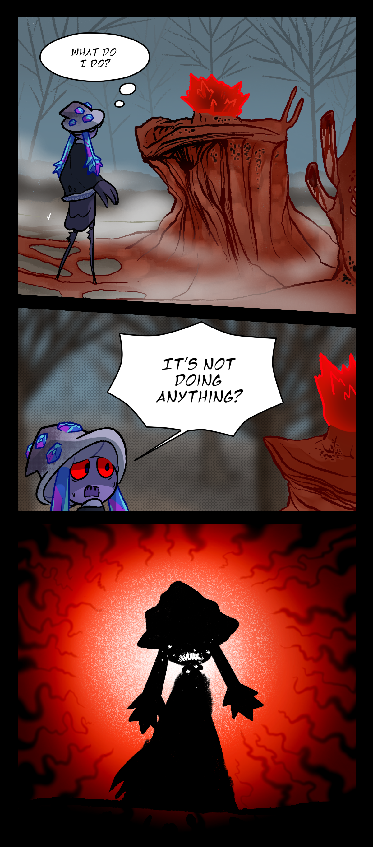 Standing up to full height, Mushroom walks up to the hive core. She thinks to herself, What do I do? Mushroom shouts to the others, It's not doing anything? From the hive core's perspective, Mushroom's mouth exerts white particles, warning it of her mycelium.