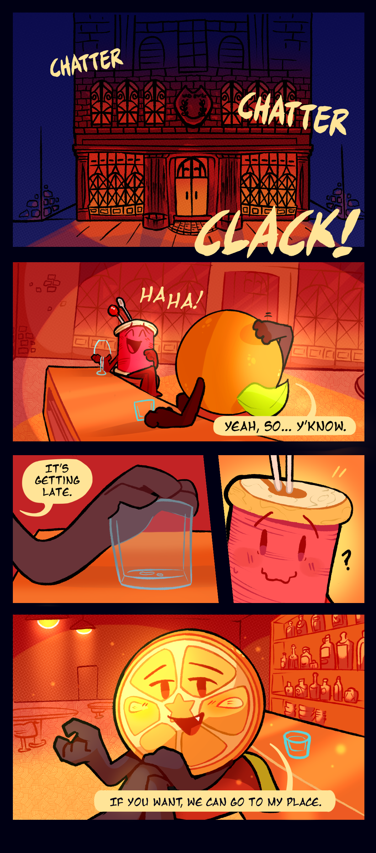 Bar in the city at night. Text reads chatter chatter clack. Spool laughs. Citrus says, yeah, so, y'know. It's getting late. Spool looks at him expectantly.  Citrus says, if you want we can go back to my place.