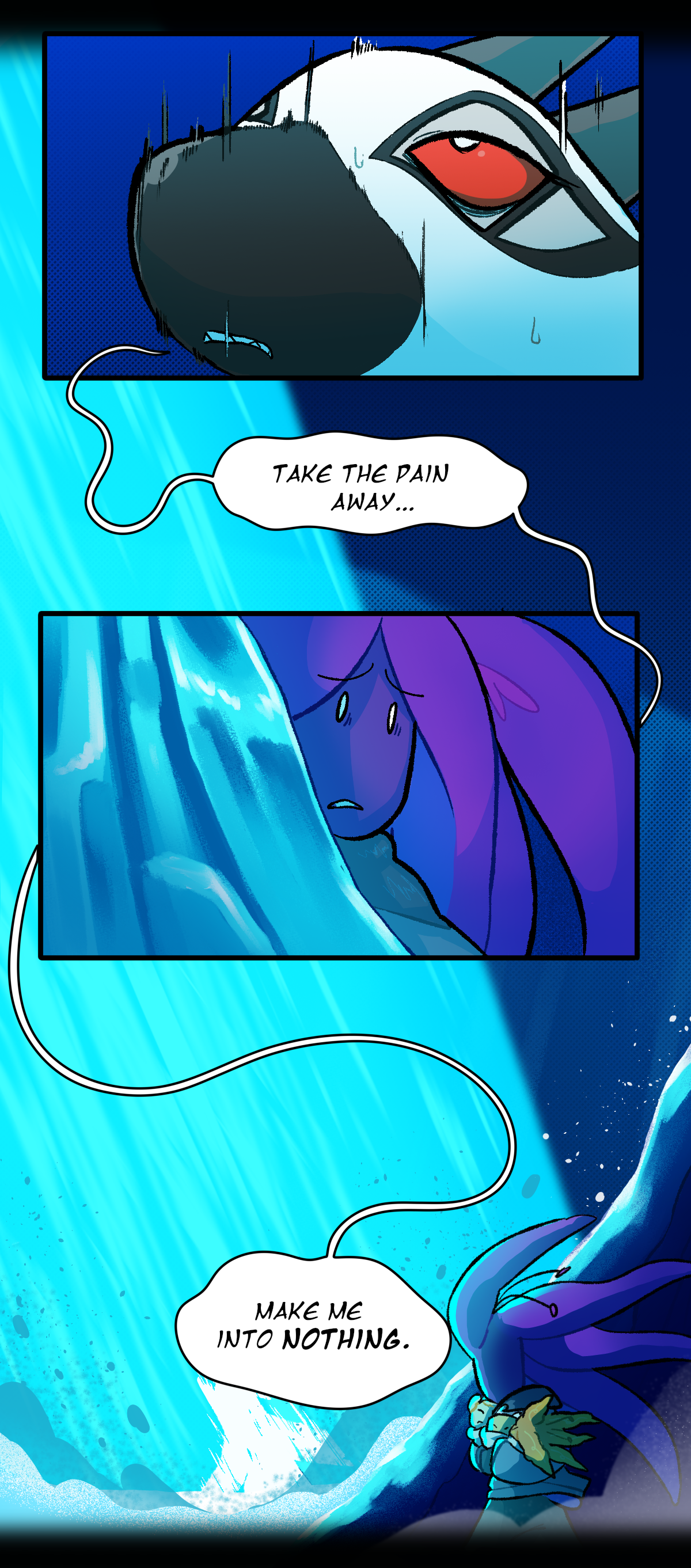 Airplane says, Take the pain away. Harebell watches from behind the ice wall. Airpane says, Make me into nothing, as she evaporates in a beam of blue light. 