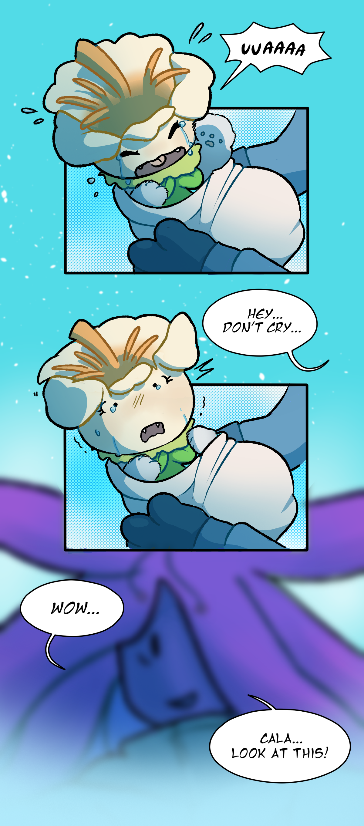 A now swaddled Blueberry Flower cries in Harebell's arms. Harebell says, Hey, don't cry. Blueberry Flower opens her eyes. Harebell says, Wow. Cala. Look at this!