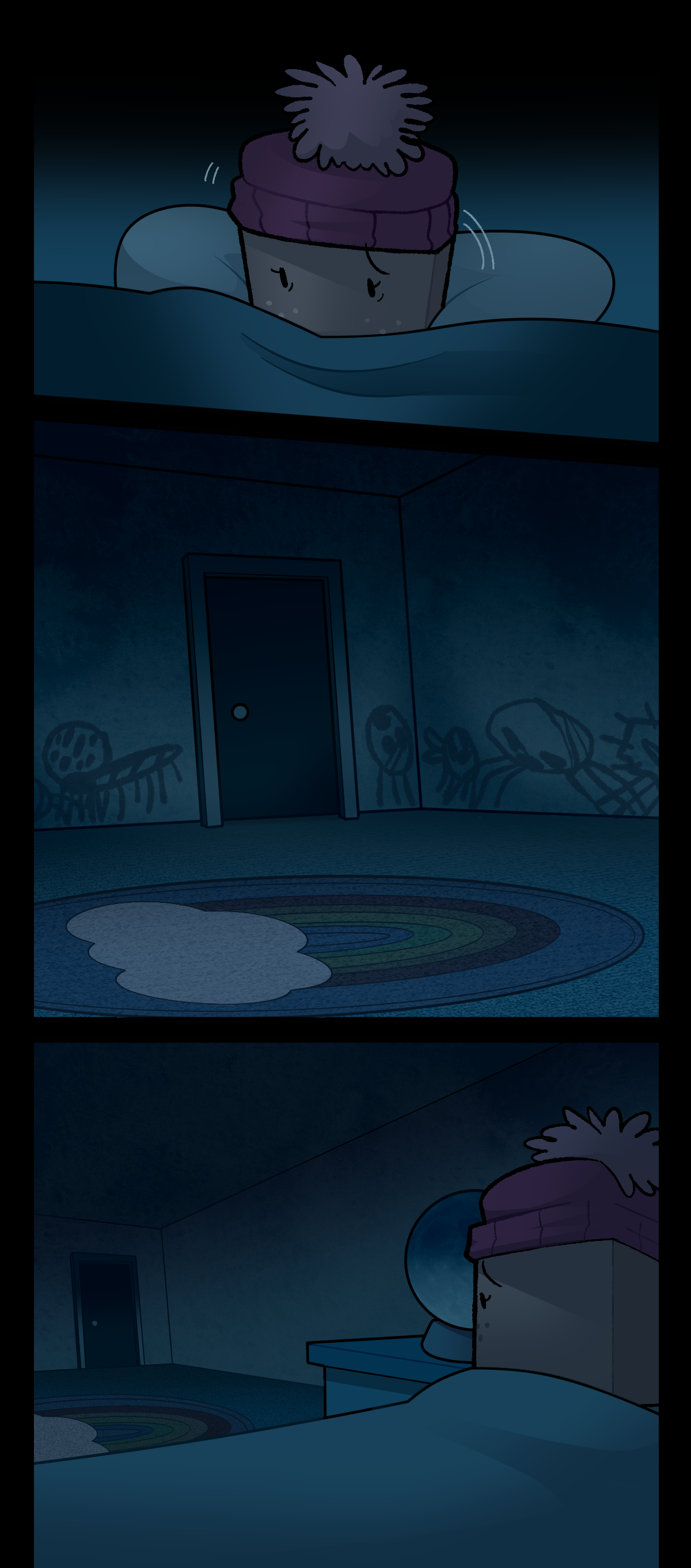 Sugarcube sits up, looking across the room to her bedroom door. More and more drawings are revealed of assimilated objects, lining the bottom of her bedroom walls. Her door is closed, and her room is too dark.