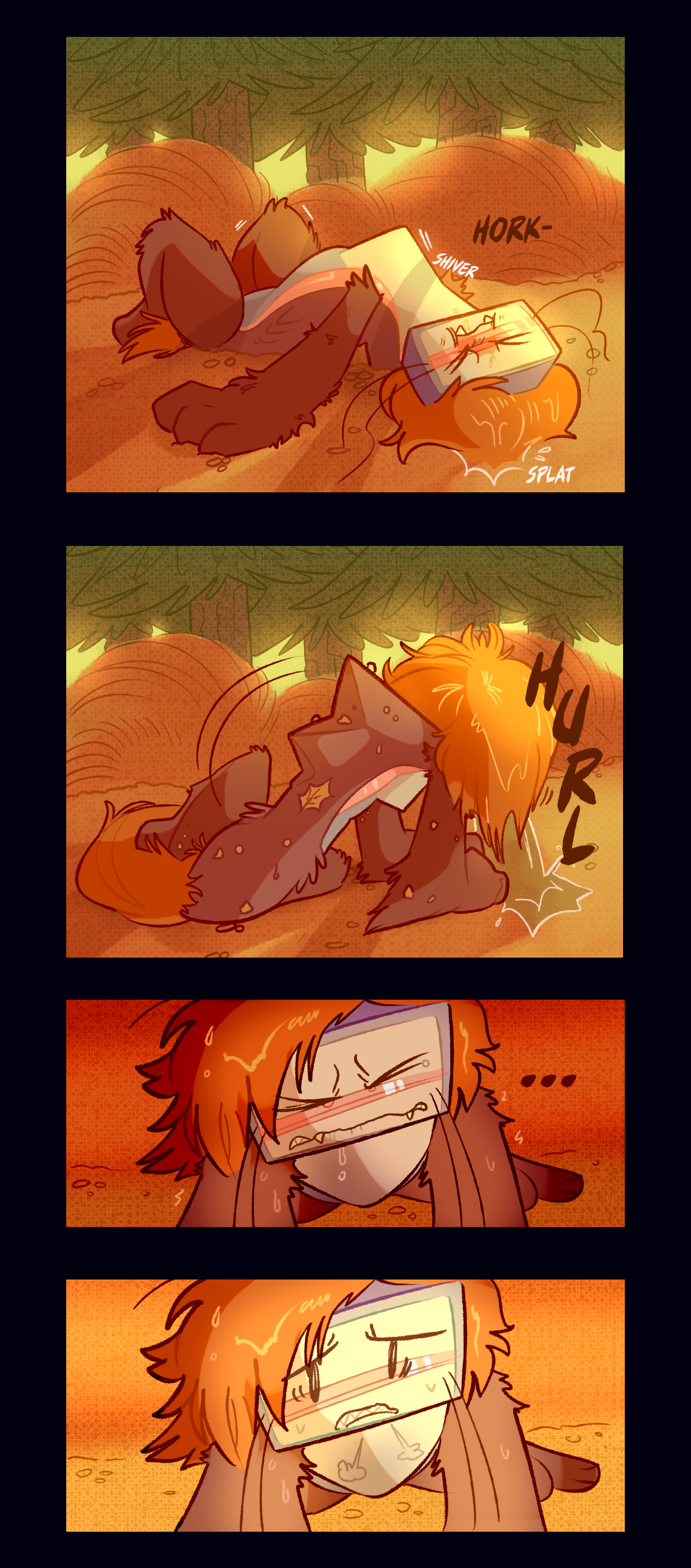 Razor begins to pull herself upright while she gags. The  wet hair stuck to the back of her head hits the ground with a splat and text describes that she shivers. When she sits up she vomits water into the gravel, text says hurl. 