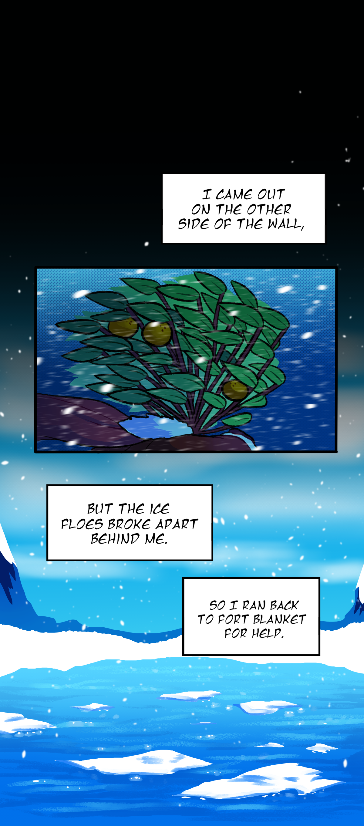 Calamondin narrates, I came out on the other side of the wall. But the ice floes broke apart behind me. So I ran back to Fort Blanket for help. 