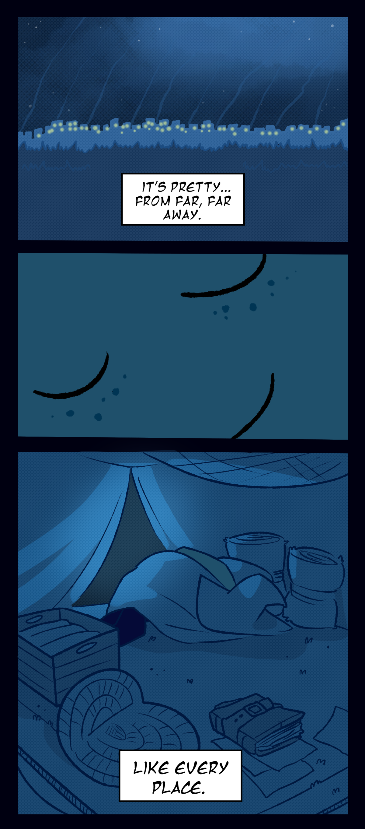 The next panel shows the city in the distance, lights on in the windows and several smokestacks now rising into the sky. Comet's thought continues, It's pretty, from far, far away. Still smiling, Comet closes her eyes to sleep, thinking, Like every place.