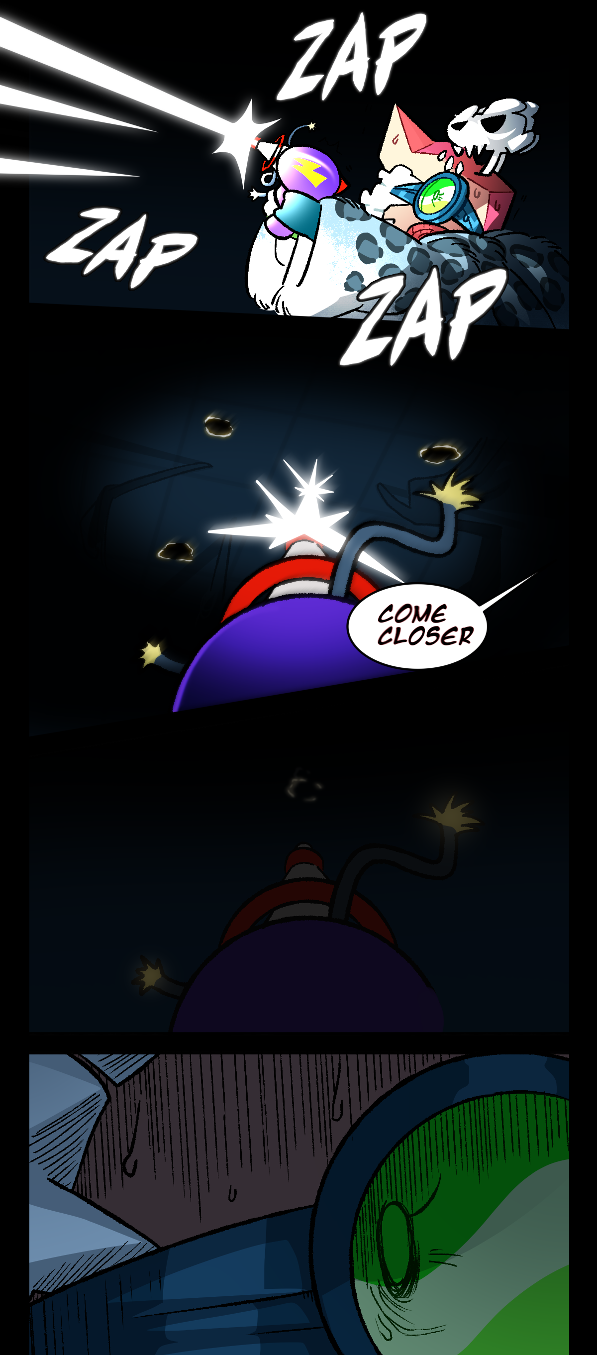 Fossil opens fire, panicking. Text repeats the word zap several times. The shots leave burning holes in the tile ceiling, illuminating the edges of some insectoid limbs as something large crawls across the ceiling just out of view. The light from the singe marks fade, leaving Fossil in total darkness again. They look around nervously, sweating.