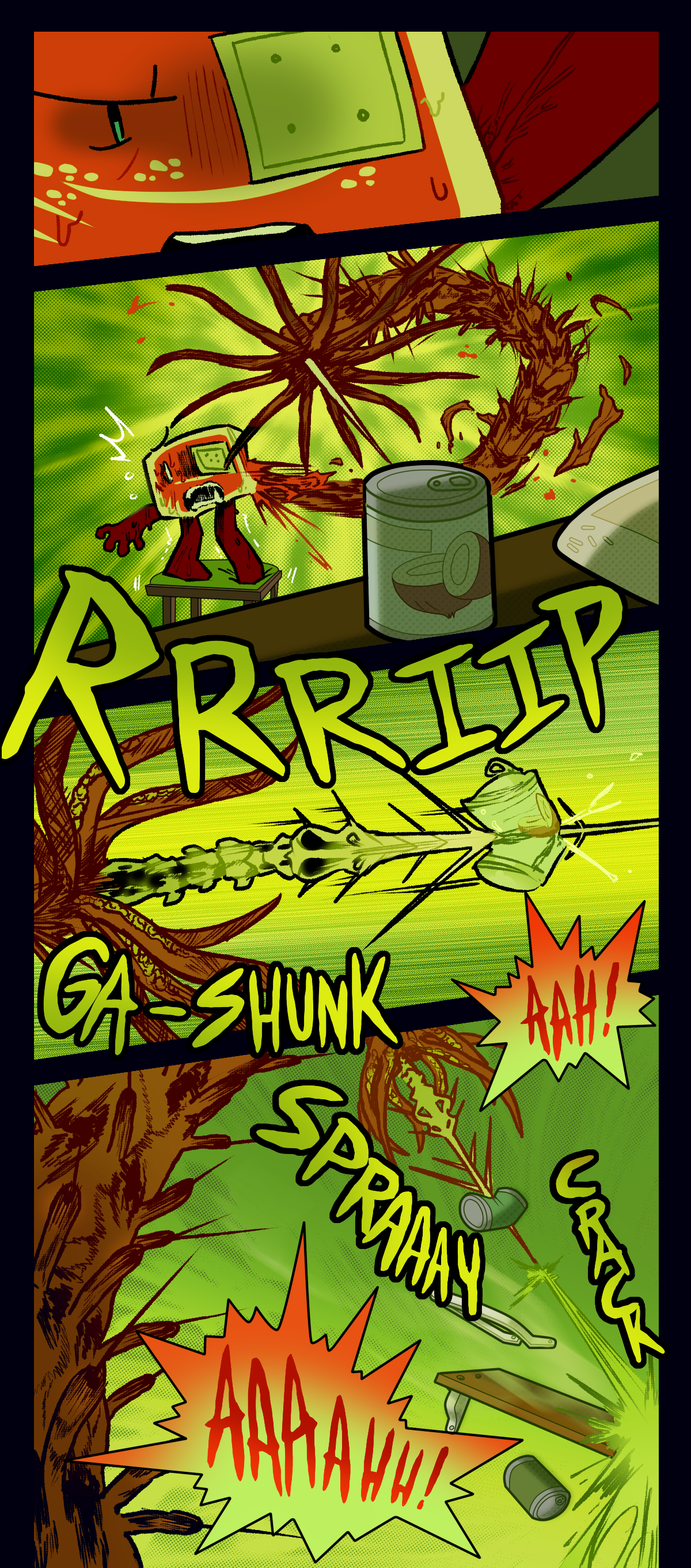 Text says rip, gashunk, spray, and crack while Hokkaido screams.
