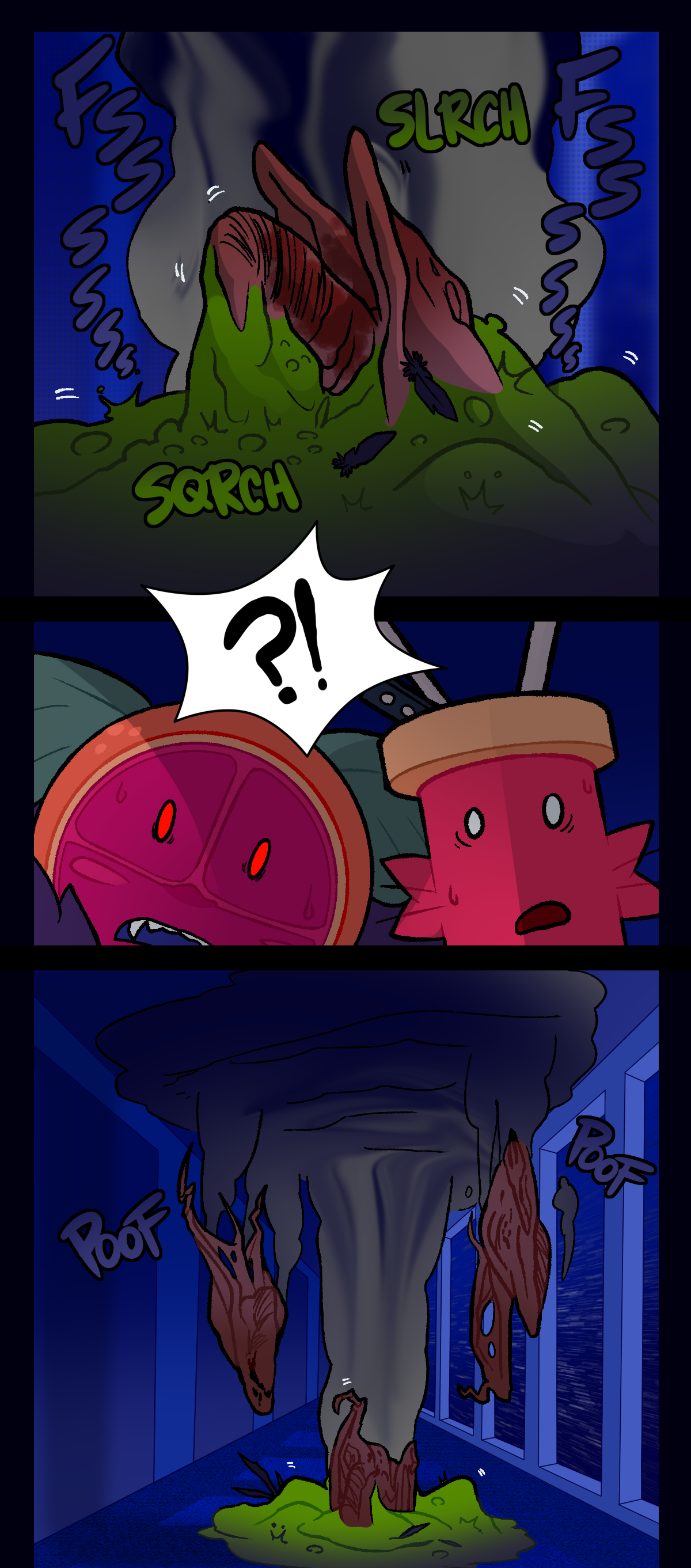 Their conversation is cut off as the pile of residue begins to squelch and shift, causing them both to look towards it in alarm. With a poof sound, two large, mutated crow corpses drop from the ceiling.