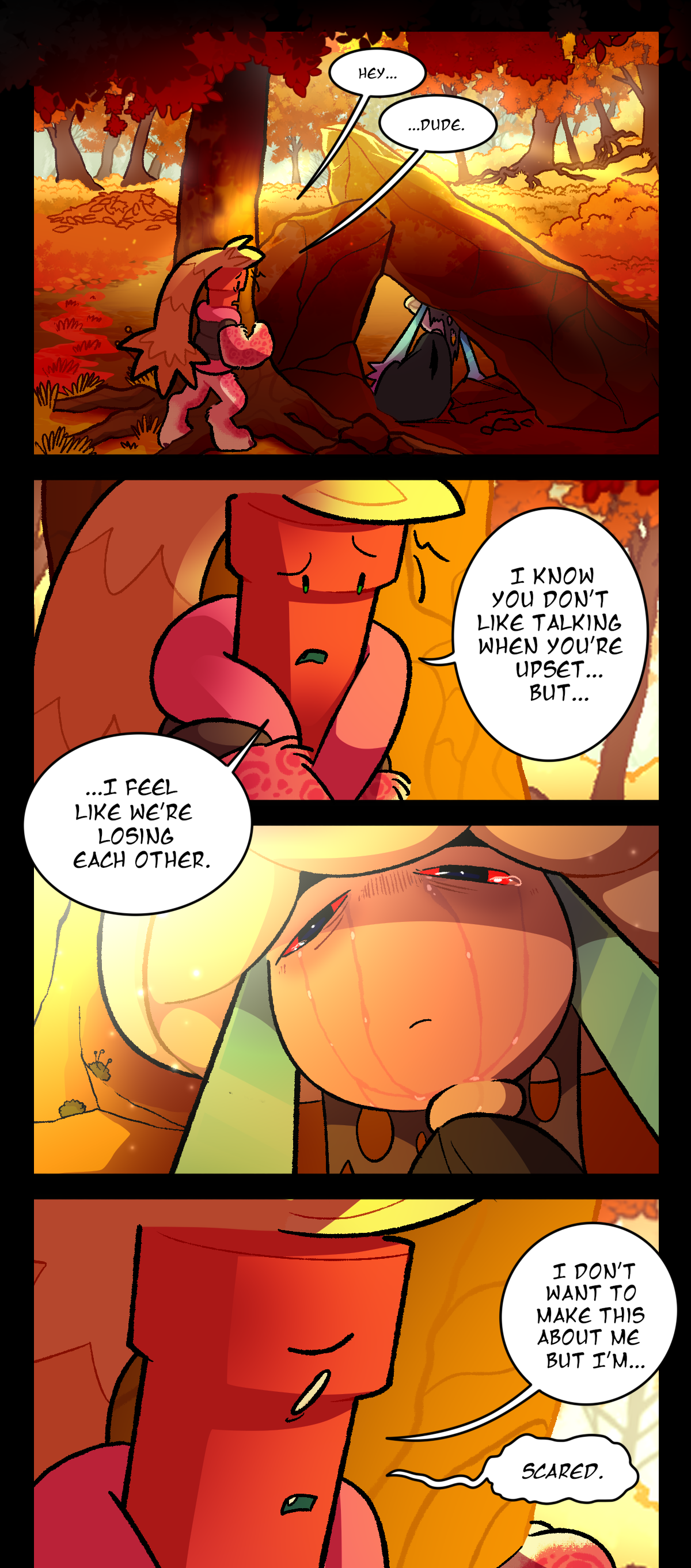 Elsewhere, Dynamite finds Mushroom hiding under some propped up rocks. As he approaches, he says, Hey, Dude. I know you don't like talking when you're upset, but, I feel like we're losing each other. There is a shot of Mushroom's face. Her expression is blank, but her eyes are puffy and tears are running down her cheeks. Dynamite keeps talking, saying, I don't want to make this about me, but I'm, scared.