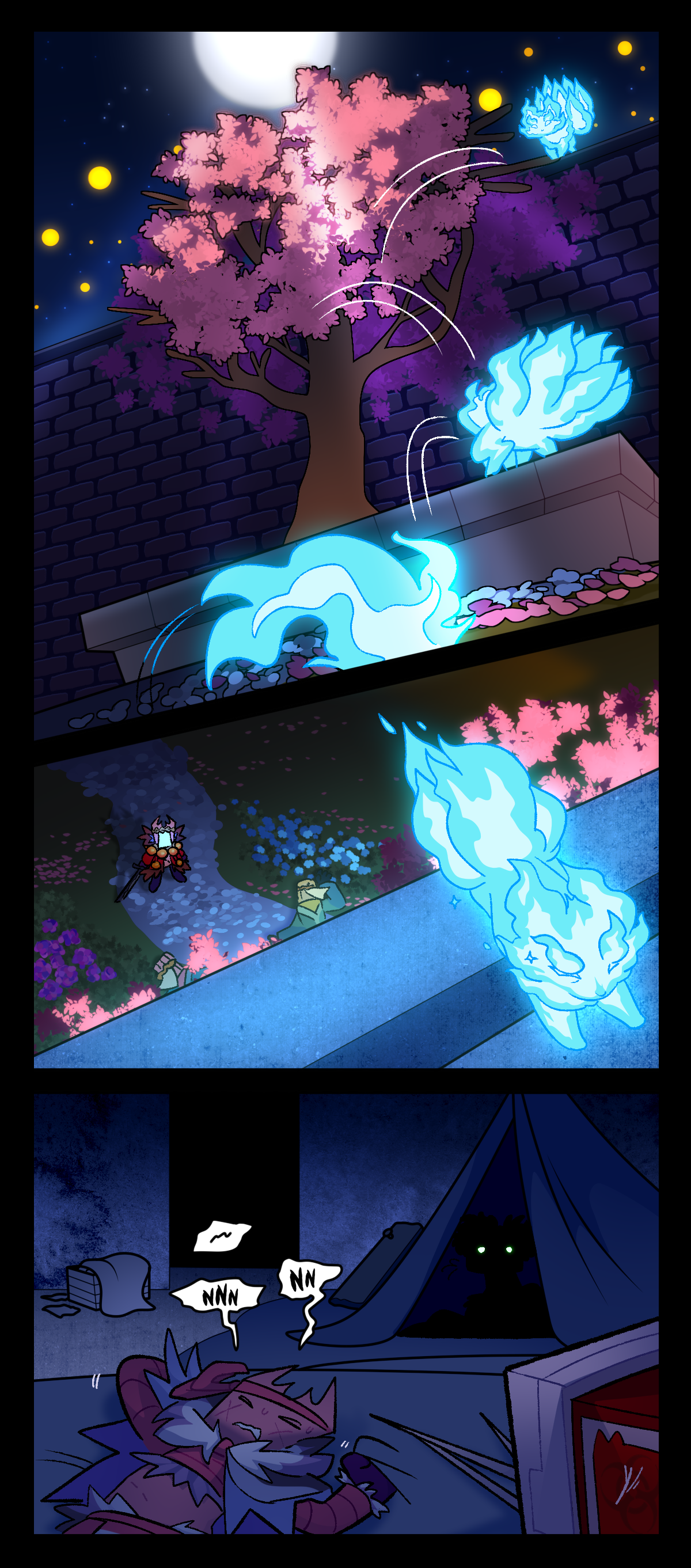 A tiny kitsune fox made of blue fire scales the cherry blossom tree in the back of the courtyard and leaps onto the top of the brick wall, staring down at Gum. Wick turns around, disappearing. Back in reality, Gum twists and turns in her sleep. Razor's silhouette can be seen from inside the makeshift tent watching her.