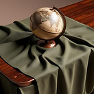 Bronze coloured wood table with dark olive green table cloth with desk globe in similar co