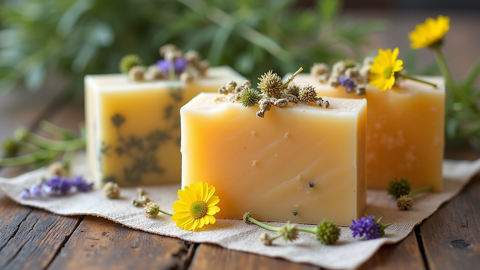 Close-up view of handmade natural soap bars with herbs and flowers