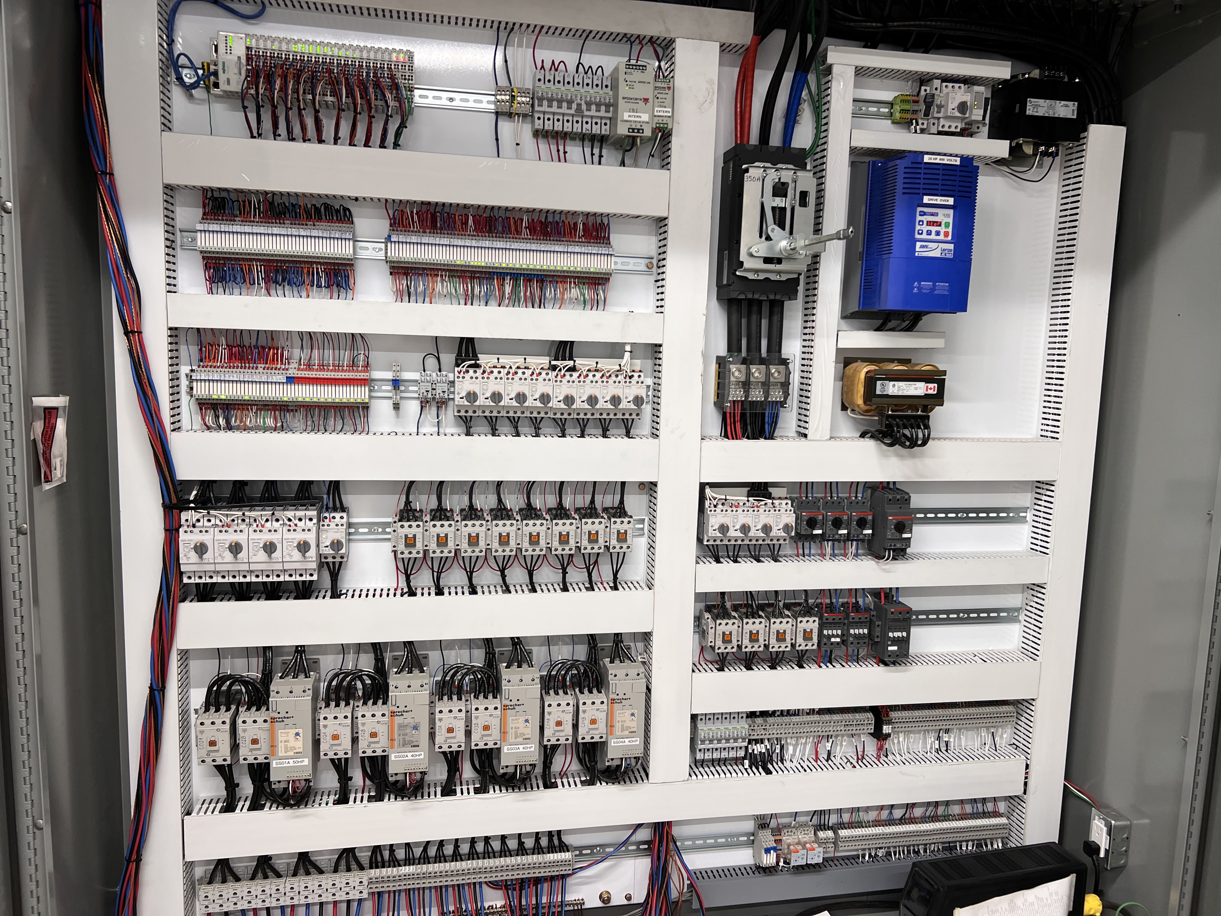 Professional electrical control panel with circuit breakers and switches