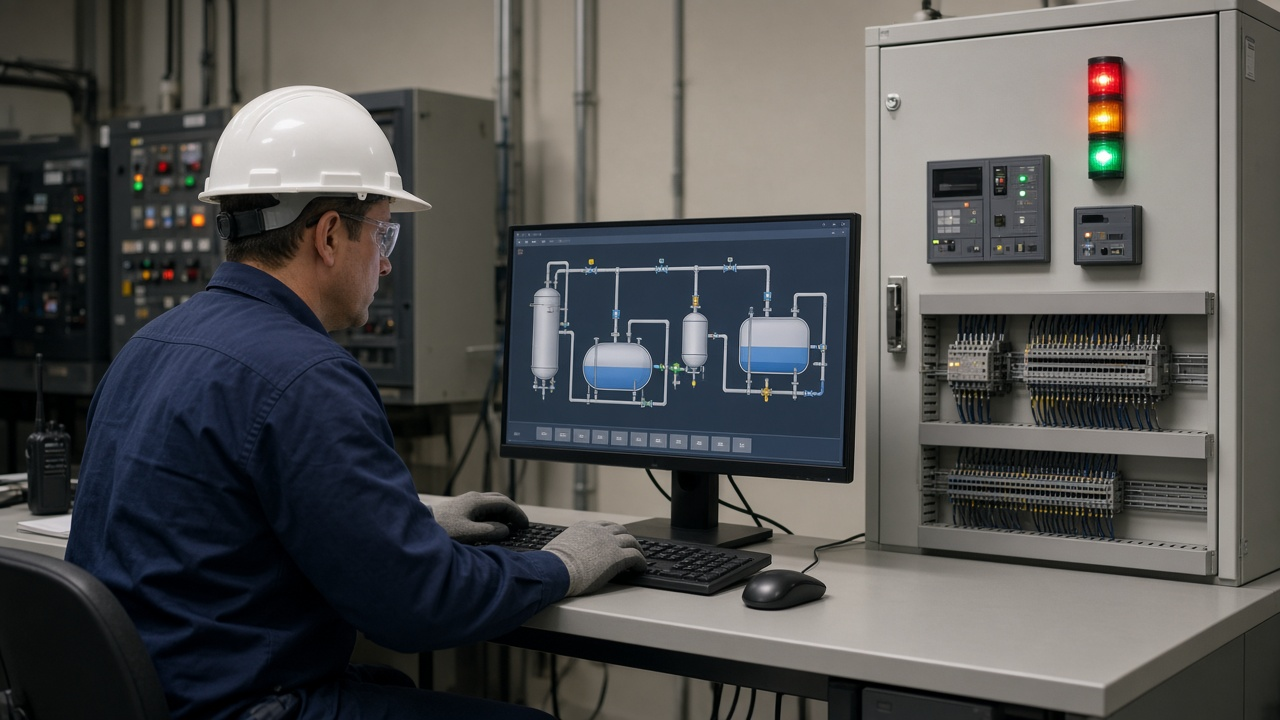 Technician programming an industrial automation and controls panel