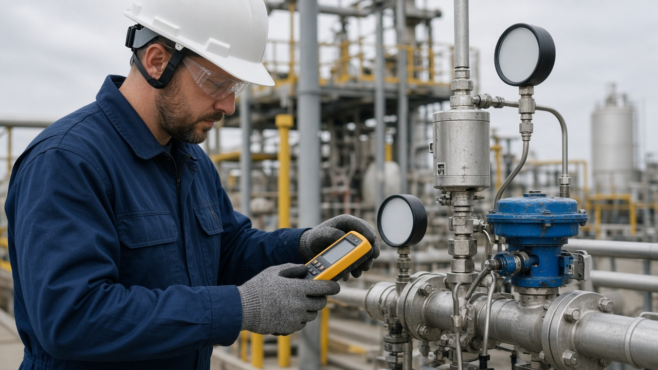 Technician calibrating process instrumentation and pressure transmitters at an industrial facility