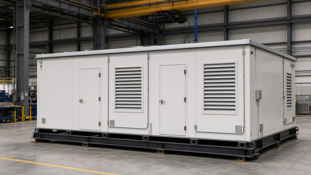 Prefabricated modular electrical building with personnel doors and louvres