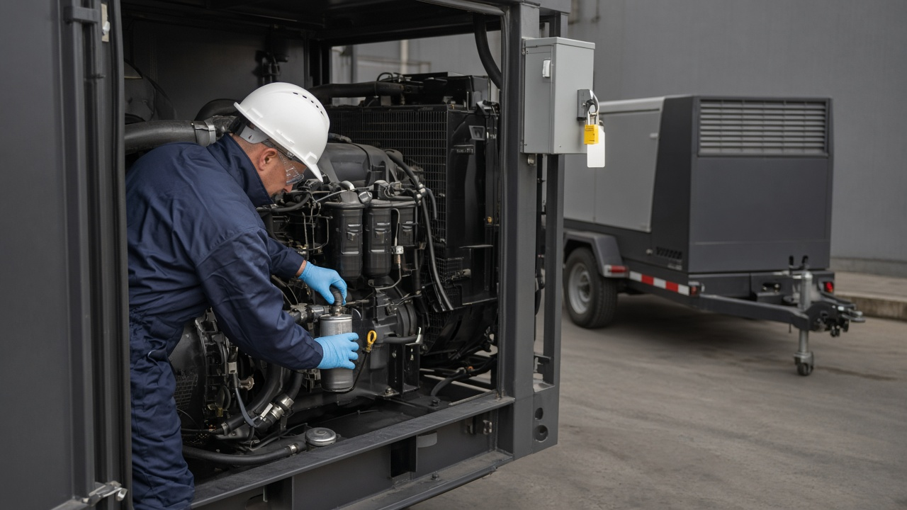 Technician performing scheduled maintenance on industrial electrical equipment