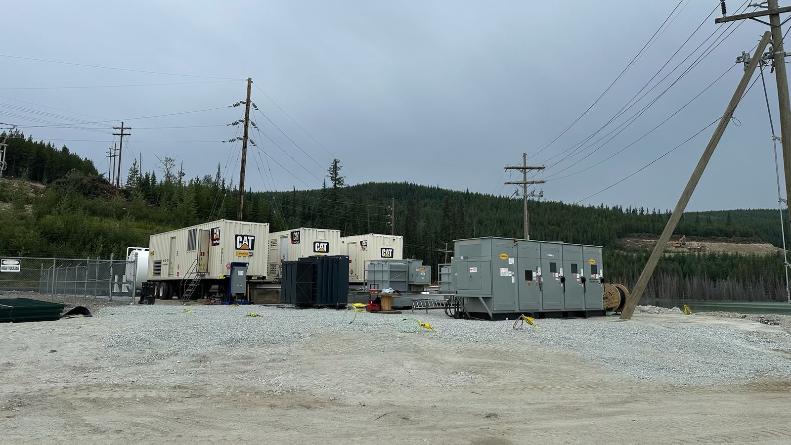 Industrial power site with containerized generators, switchgear and power lines, Lock Hill