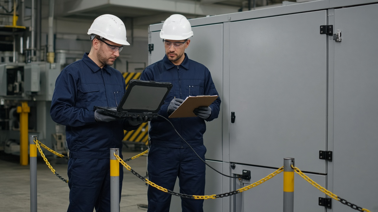 Technician testing and commissioning an electrical power system with a laptop