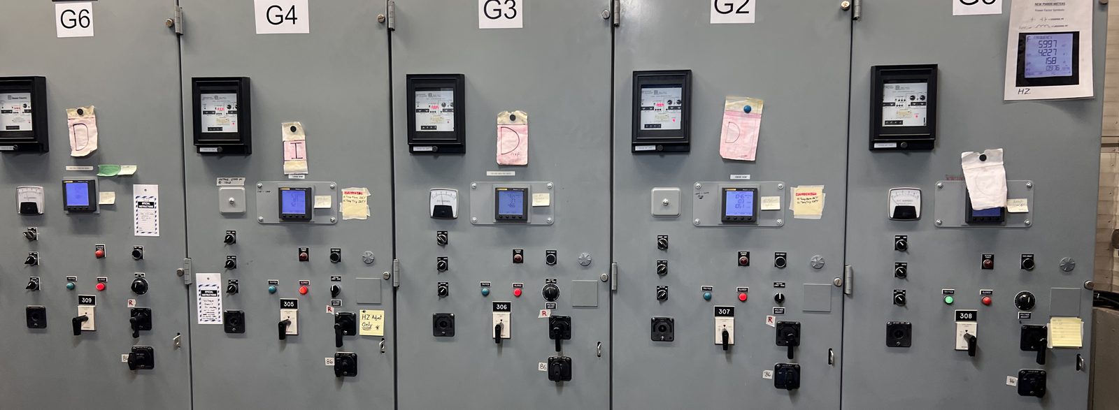 Lineup of generator switchgear sections with meters and control switches