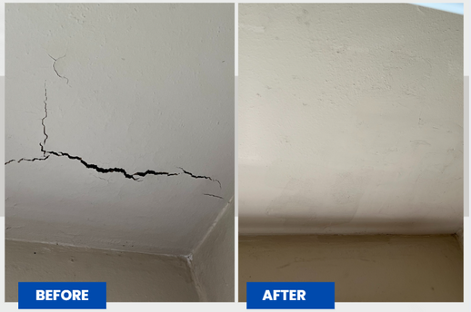 Before and after ceiling crack repair showing cracks patched and repainted.