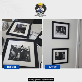 Before and after black-and-white framed photos mounted on wall.
