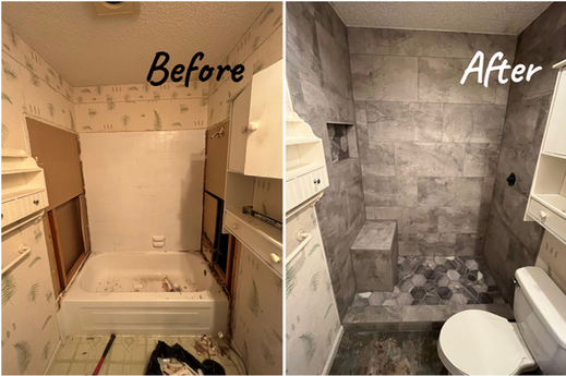 A before & after of a bathroom remodel done by Jayco Handyman & Contracting Services. The old bathroom appears worn with brown-yellow wallpaper and yellow lighting. The new bathroom features modern gray tiling and flooring, white lighting, and a revamped standing shower.