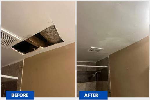 Before and after bathroom ceiling repair showing patched hole and clean finish.