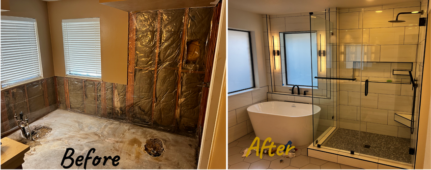 A before & after of a bathroom remodel done by Jayco Handyman & Contracting Services. The new bathroom features soft yellow lighting, a full-glass shower, a separate bathtub, and hexagonal tile flooring and rectangular tile walls.