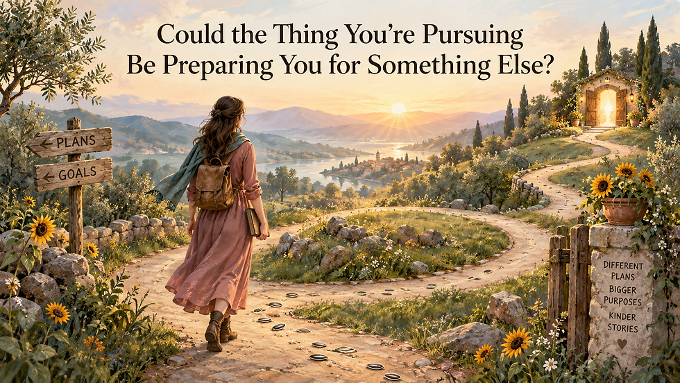 A woman follows a winding path through a sunflower-filled landscape toward a glowing doorway, illustrating how one pursuit may prepare us for an unexpected calling.