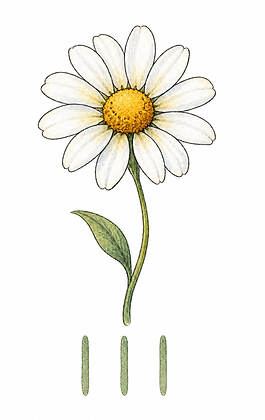 Watercolour daisy with three vertical lines, symbolizing a free heart coming into alignment with Christ.