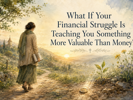 Watercolor illustration of a woman walking prayerfully at sunrise, carrying a Bible and approaching a small coin on the path, with the title “What If Your Financial Struggle Is Teaching You Something More Valuable Than Money?”