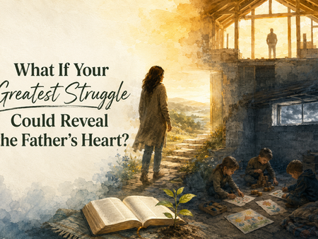 Watercolor illustration of children playing in a basement during wartime, an adult woman walking toward golden light, and a distant father figure in an unfinished house, with an open Bible and new plant symbolizing healing, truth, and discovering the Father’s heart.