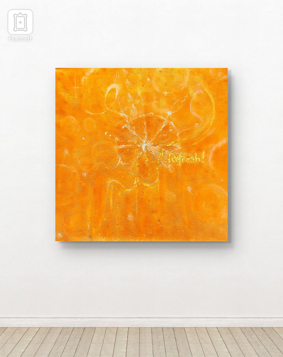 Abstract painting with swirling orange, blue, and yellow patterns. The word "Refresh" is visible. White wall and wooden floor background.