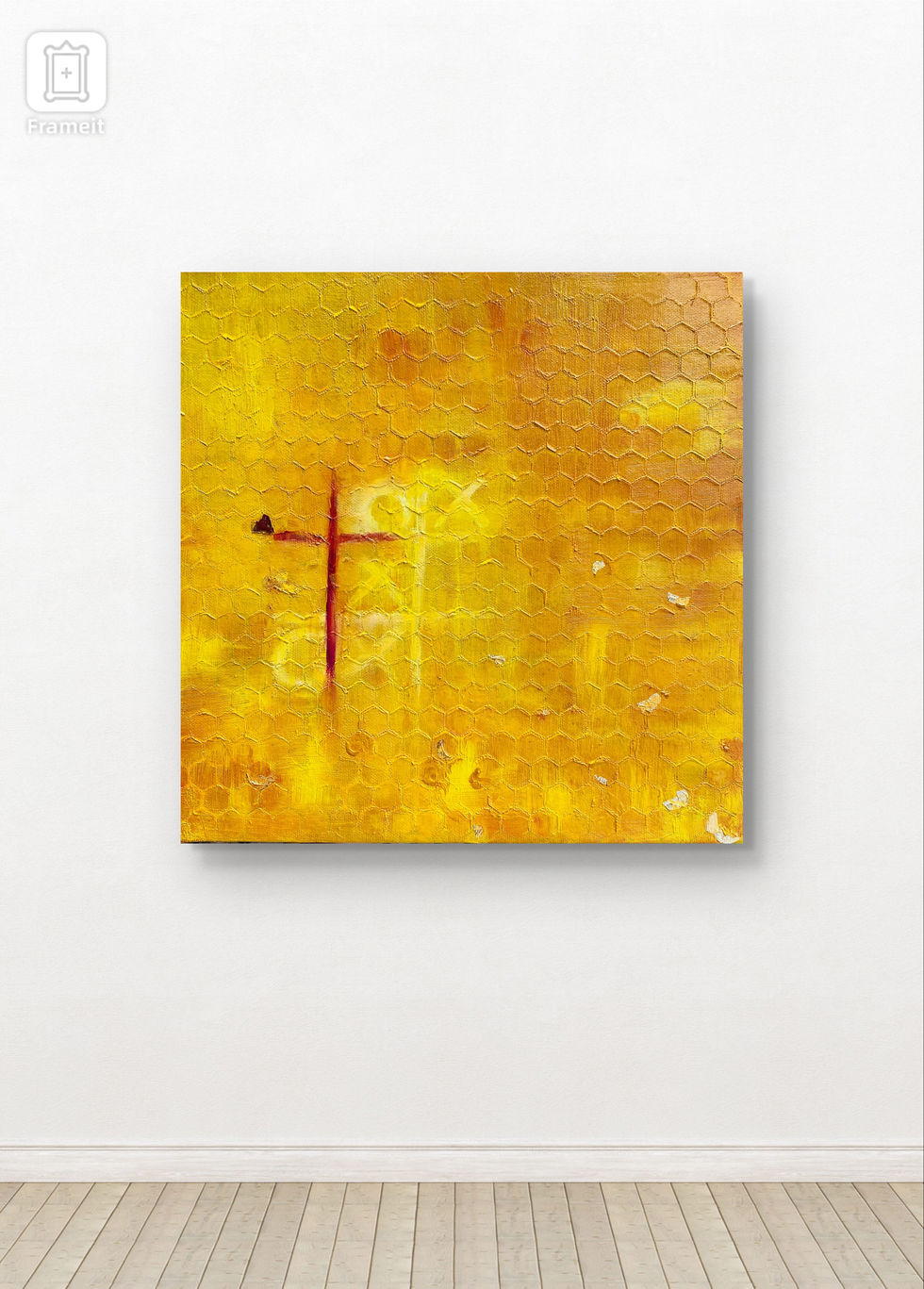 Yellow abstract painting with honeycomb texture on wall, featuring red and white shapes. Wooden floor below adds warmth.