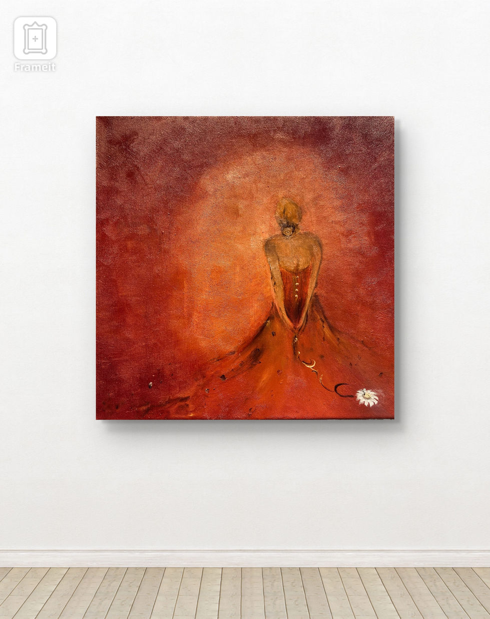 Painting of a woman in a red dress, viewed from behind, against a textured red background. A white flower rests near her. Warm, introspective mood.