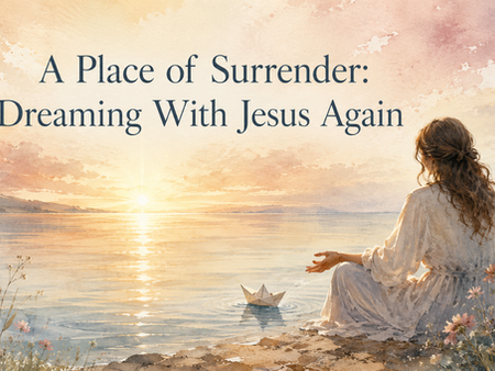 Watercolor illustration of a woman sitting peacefully beside calm water at sunrise, releasing a paper boat as a symbol of surrender and renewed dreams with Jesus.
