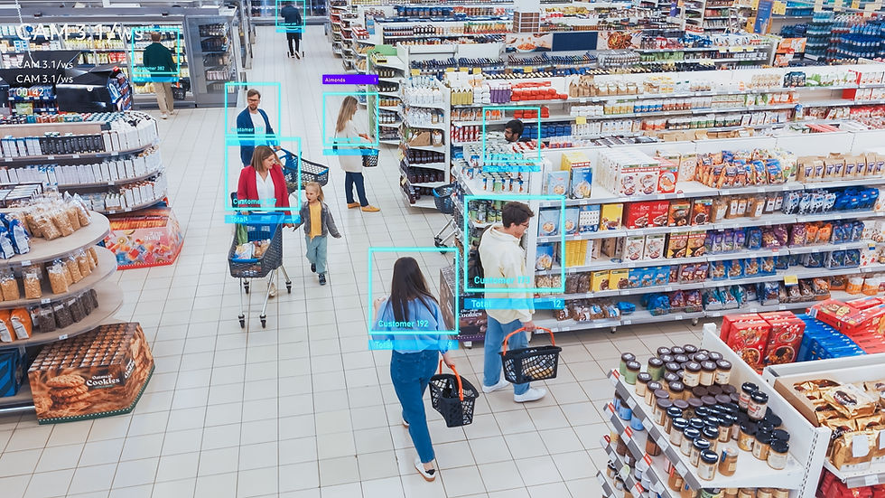 AI-powered Mock-up CCTV Footage in Supermarket_ People Shopping in a Grocery Store. Multip
