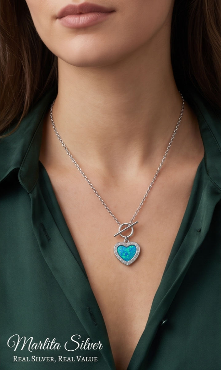 Vibrant Blue Opal Heart Toggle Necklace