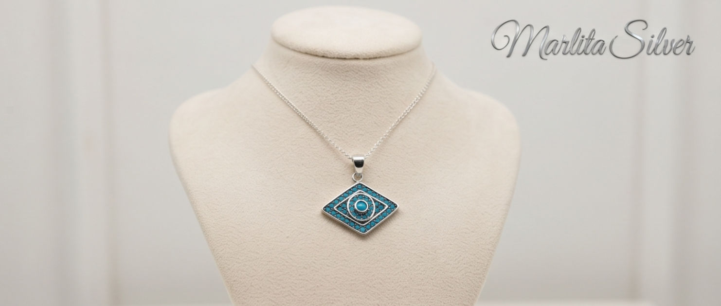 Diamond-Shaped Turquoise Evil Eye Sterling Silver Pendant