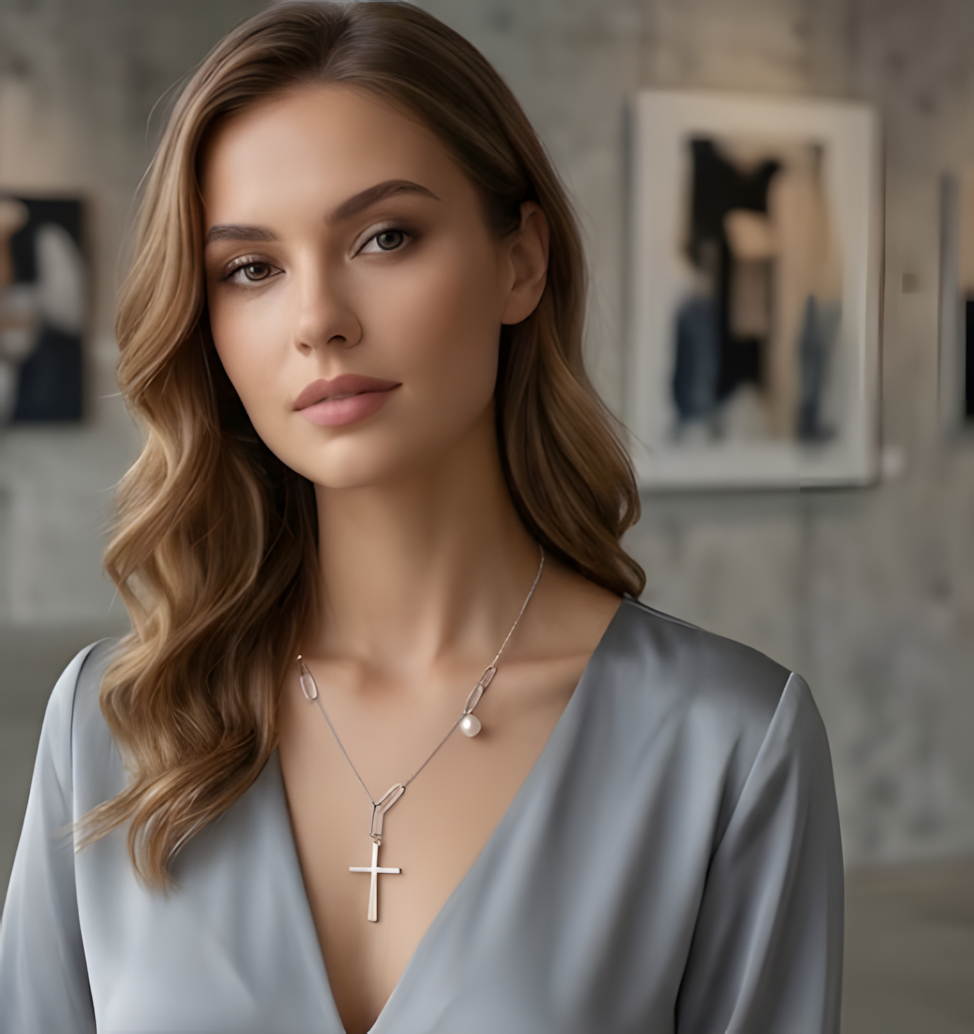 Pearl & Paperclip Cross Necklace