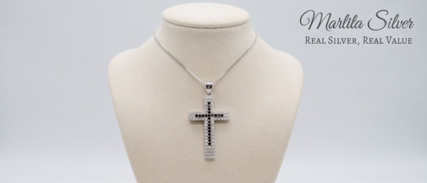Black and White Diamond-Style Cross Sterling Silver Pendant