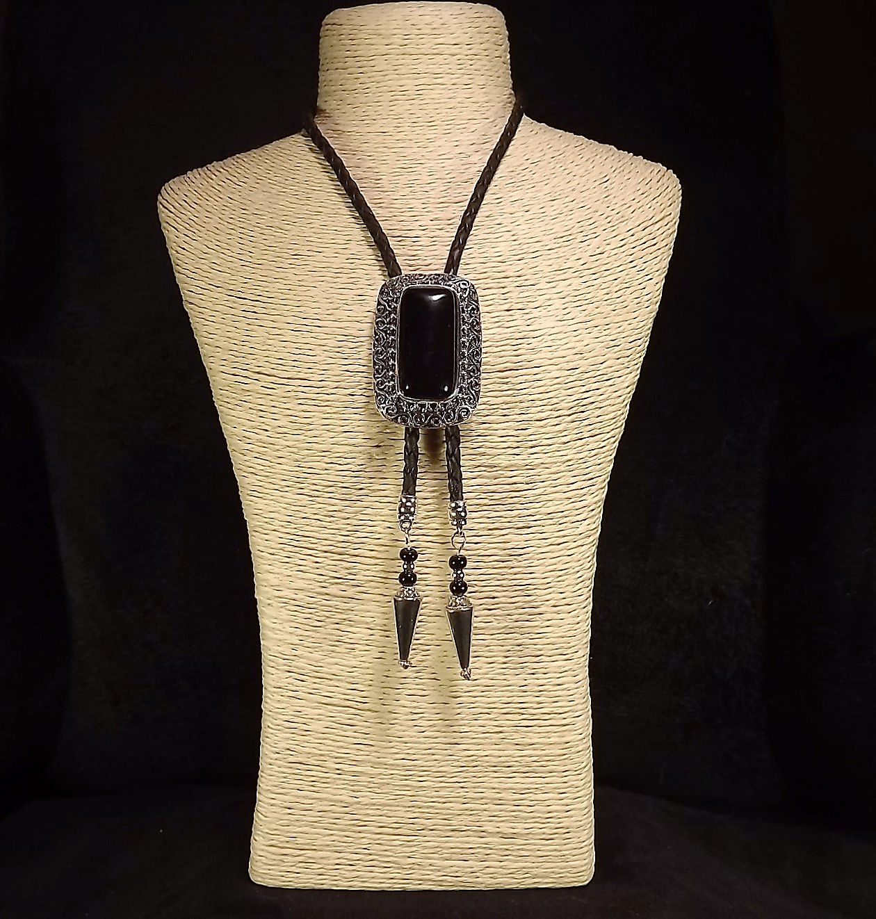 Black Onyx & Antique Silver Bolo Necklace